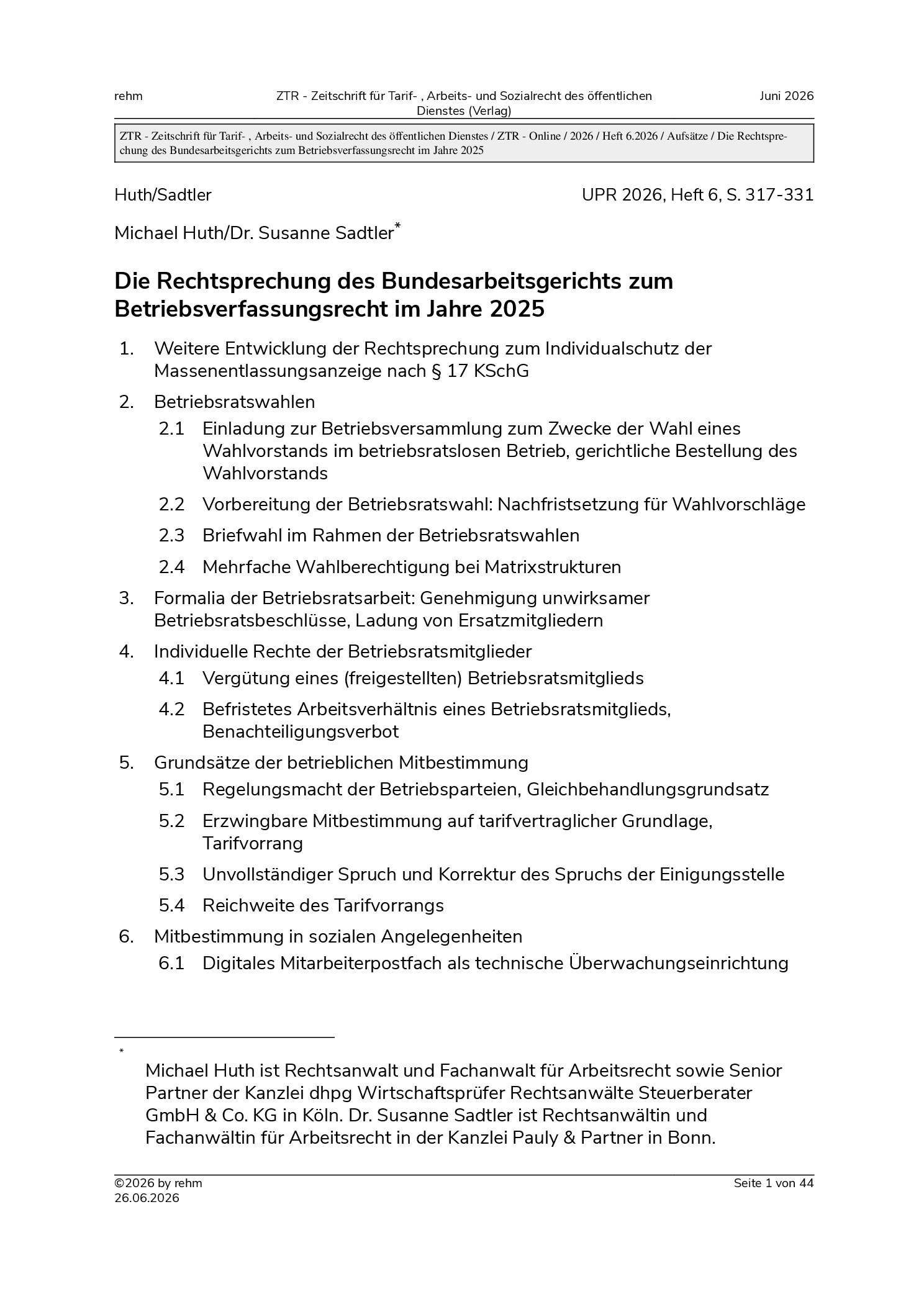 Vorschauseite 1: Die Rechtsprechung des Bundesarbeitsgerichts zum Betriebsverfassungsrecht im Jahre 2025