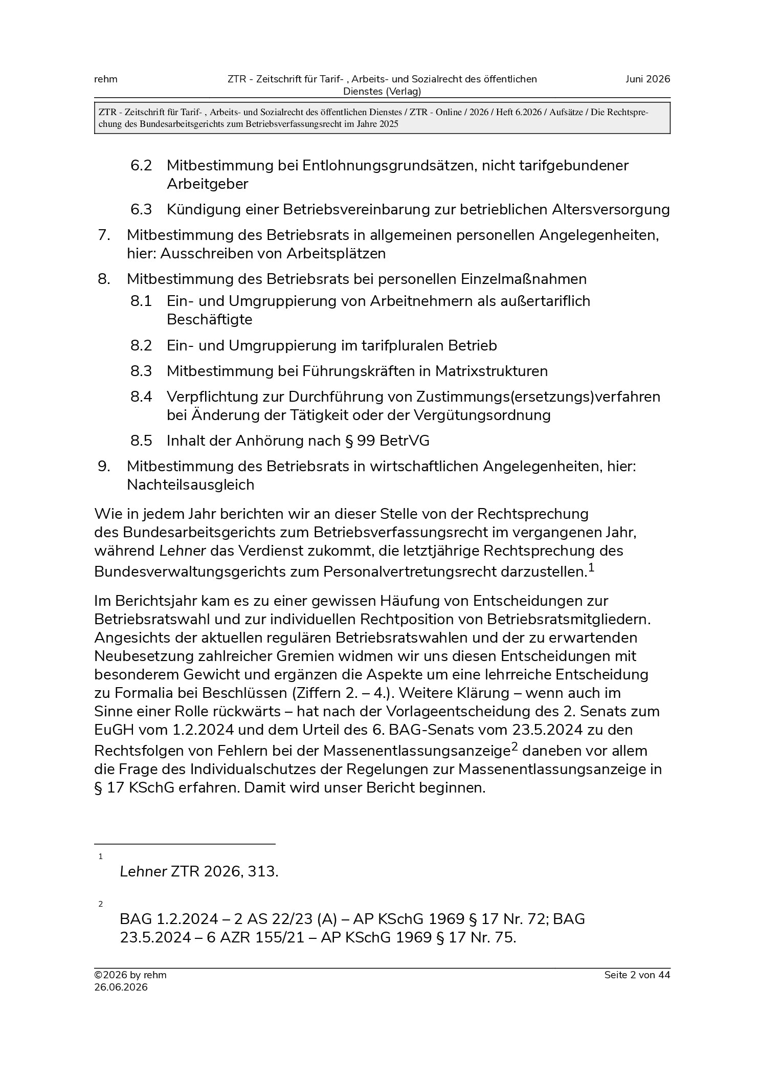 Vorschauseite 2: Die Rechtsprechung des Bundesarbeitsgerichts zum Betriebsverfassungsrecht im Jahre 2025