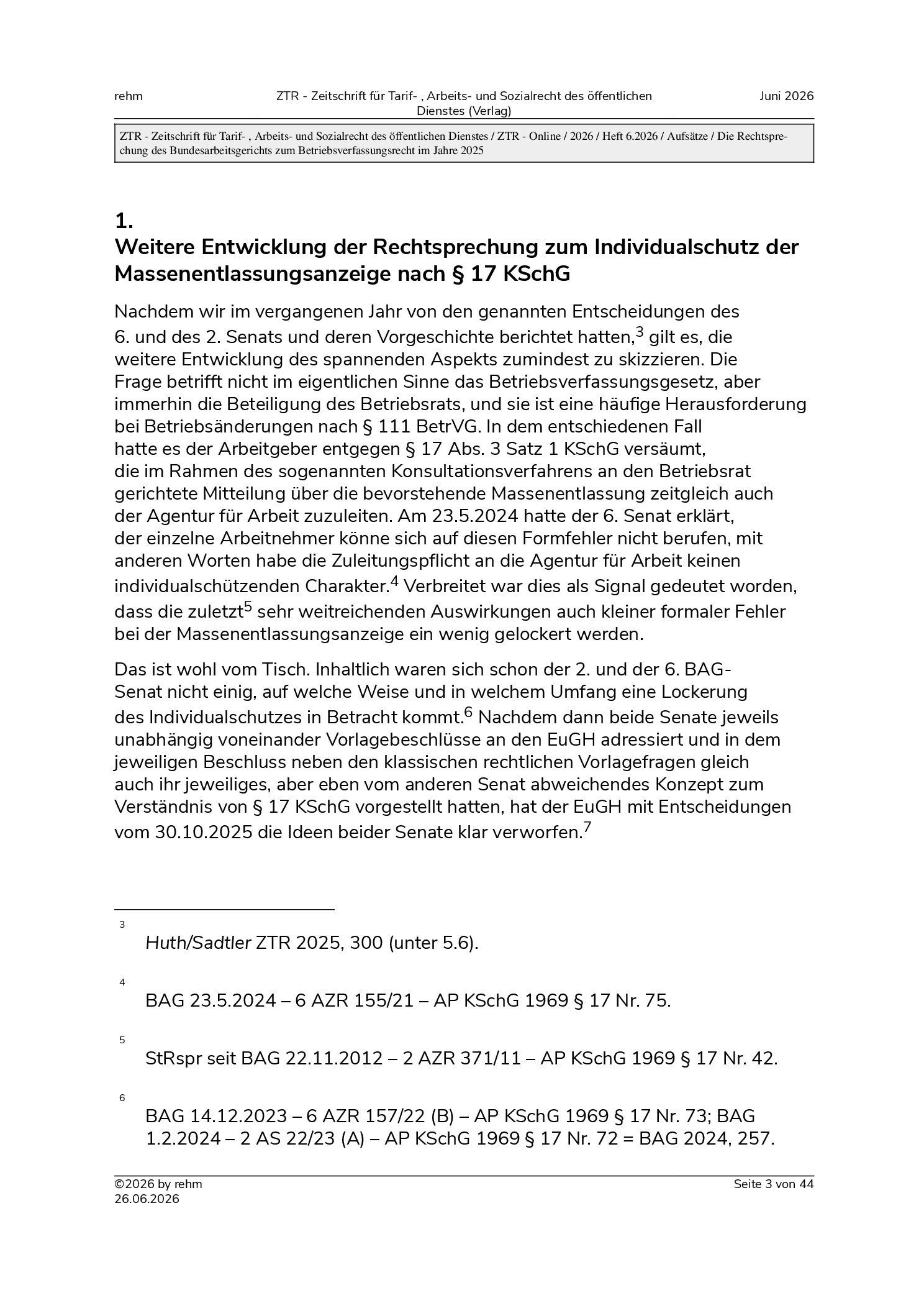 Vorschauseite 3: Die Rechtsprechung des Bundesarbeitsgerichts zum Betriebsverfassungsrecht im Jahre 2025