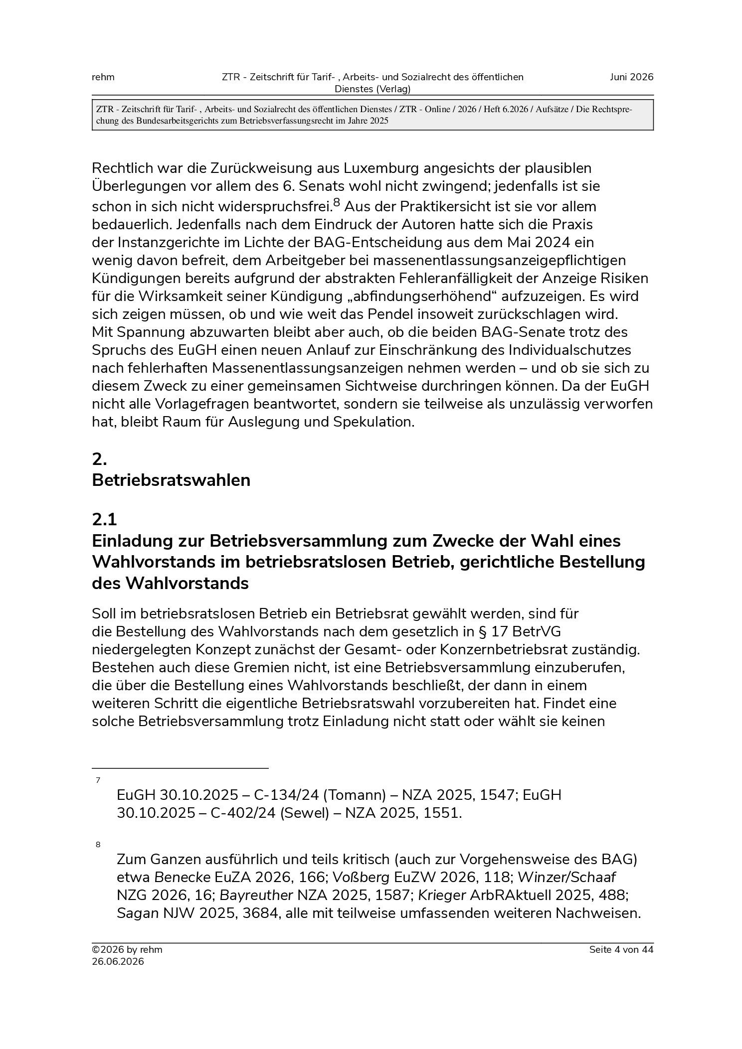 Vorschauseite 4: Die Rechtsprechung des Bundesarbeitsgerichts zum Betriebsverfassungsrecht im Jahre 2025