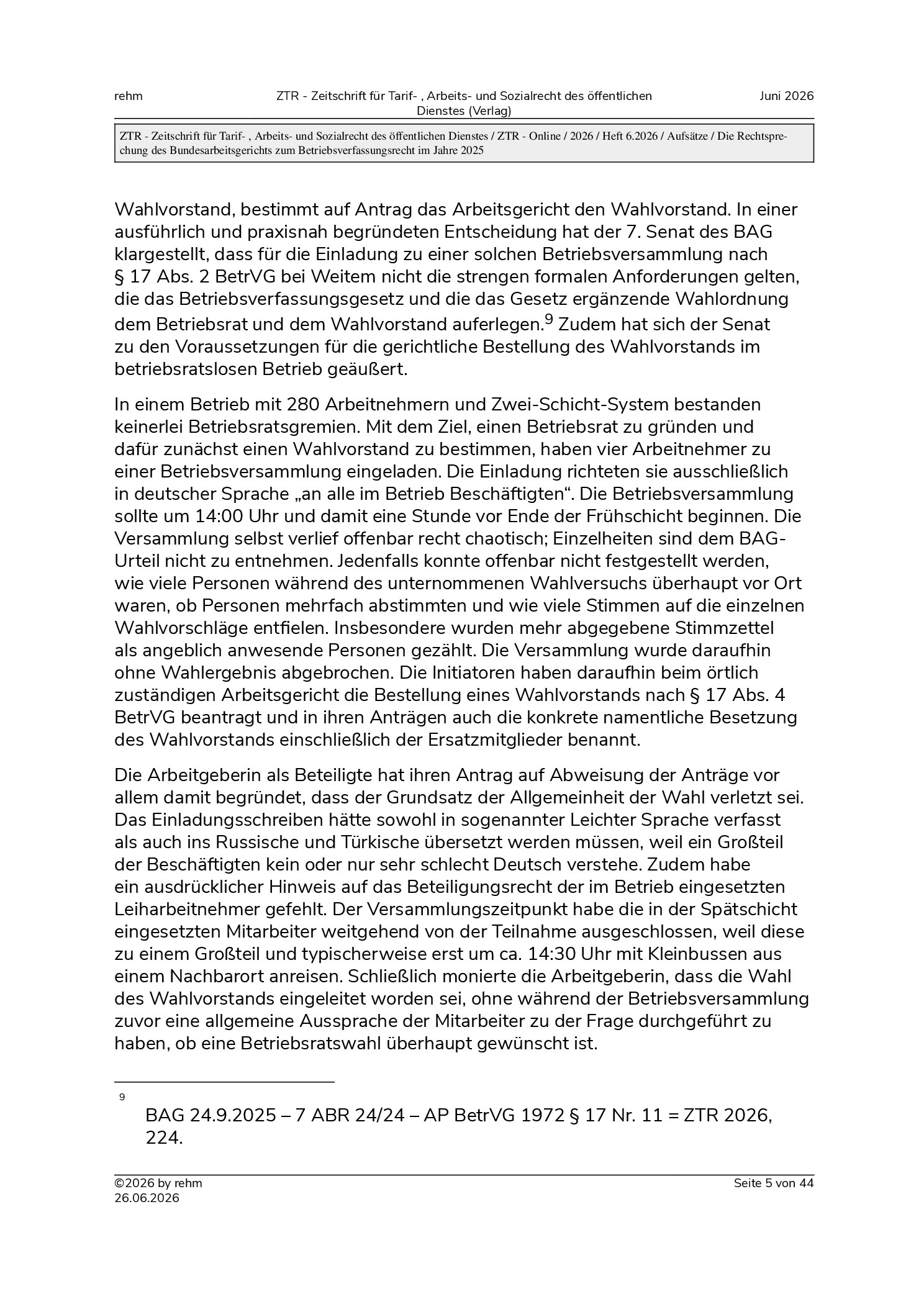 Vorschauseite 5: Die Rechtsprechung des Bundesarbeitsgerichts zum Betriebsverfassungsrecht im Jahre 2025