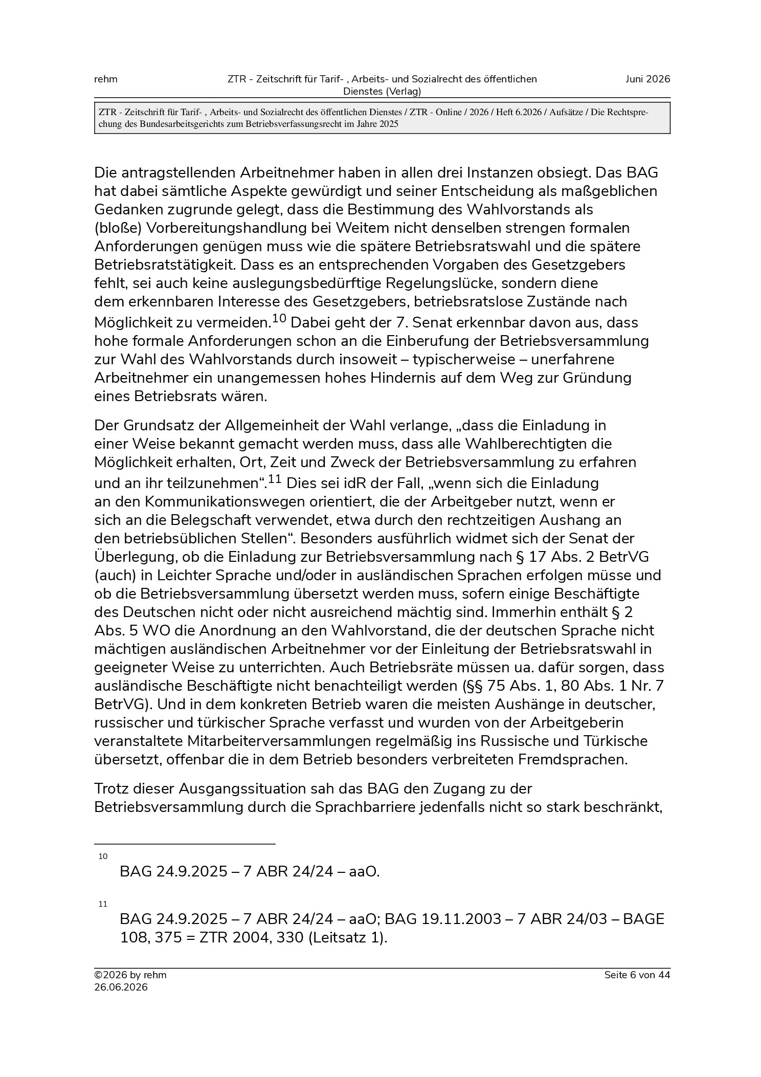 Vorschauseite 6: Die Rechtsprechung des Bundesarbeitsgerichts zum Betriebsverfassungsrecht im Jahre 2025