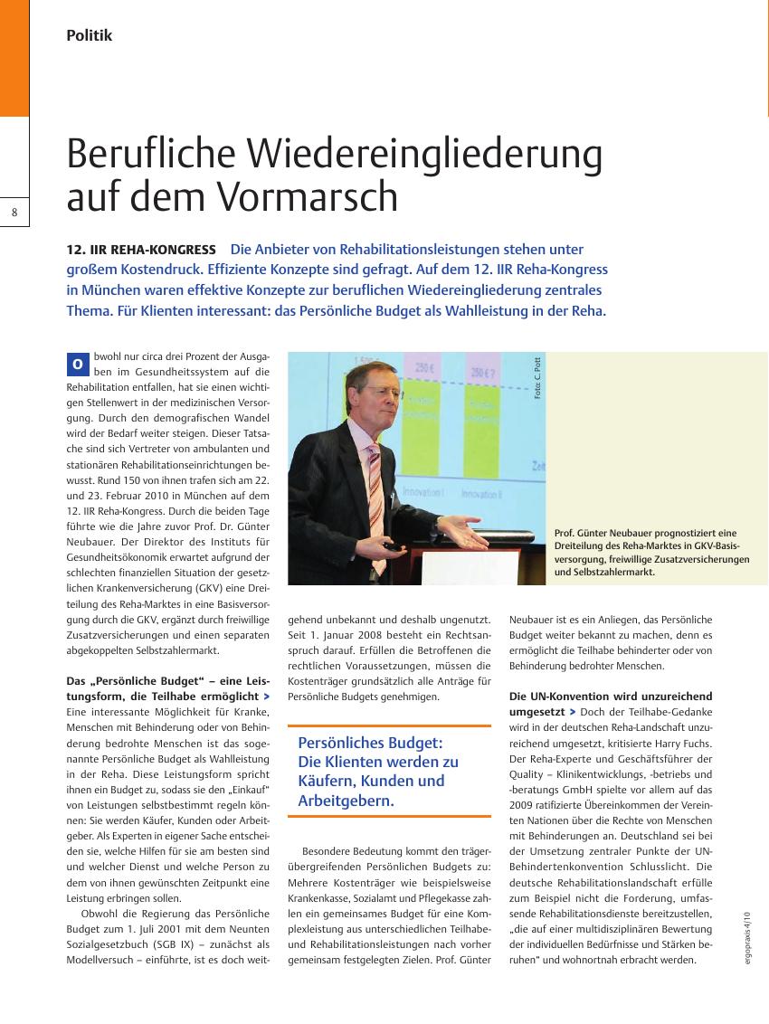 Vorschauseite 1: 12. IIR Reha-Kongress ? Berufliche Wiedereingliederung auf dem Vormarsch
