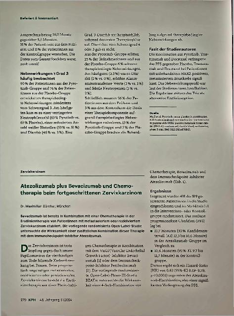Vorschauseite 1: Atezolizumab plus Bevacizumab und Chemotherapie beim fortgeschrittenen Zervixkarzinom