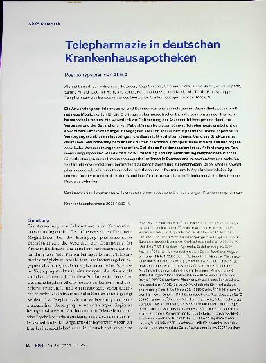 Vorschauseite 1: Telepharmazie in deutschen Krankenhausapotheken