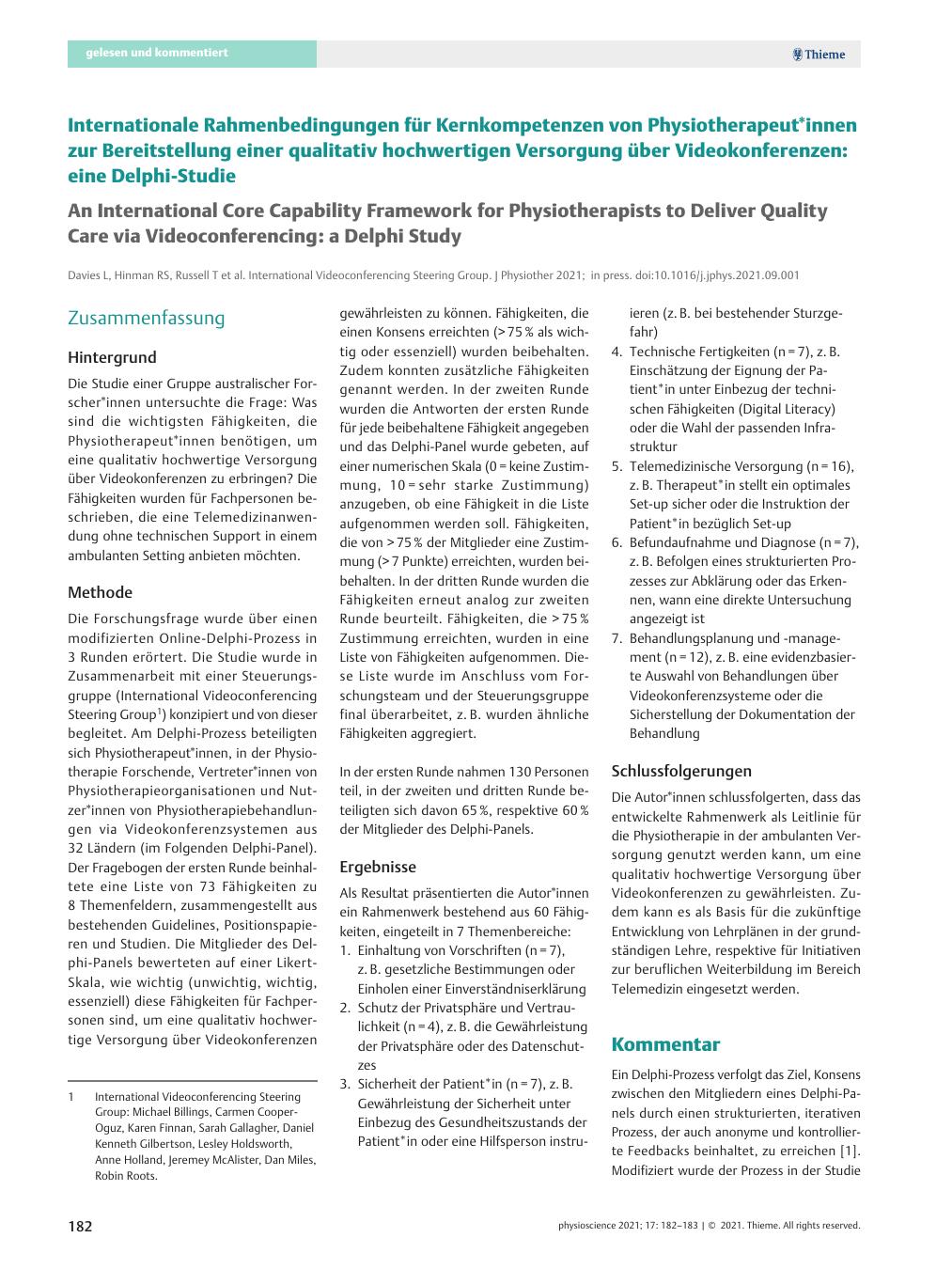 Vorschauseite 1: Internationale Rahmenbedingungen für Kernkompetenzen von Physiotherapeut*innen zur Bereitstellung einer qualitativ hochwertigen Versorgung über Videokonferenzen: eine Delphi-Studie