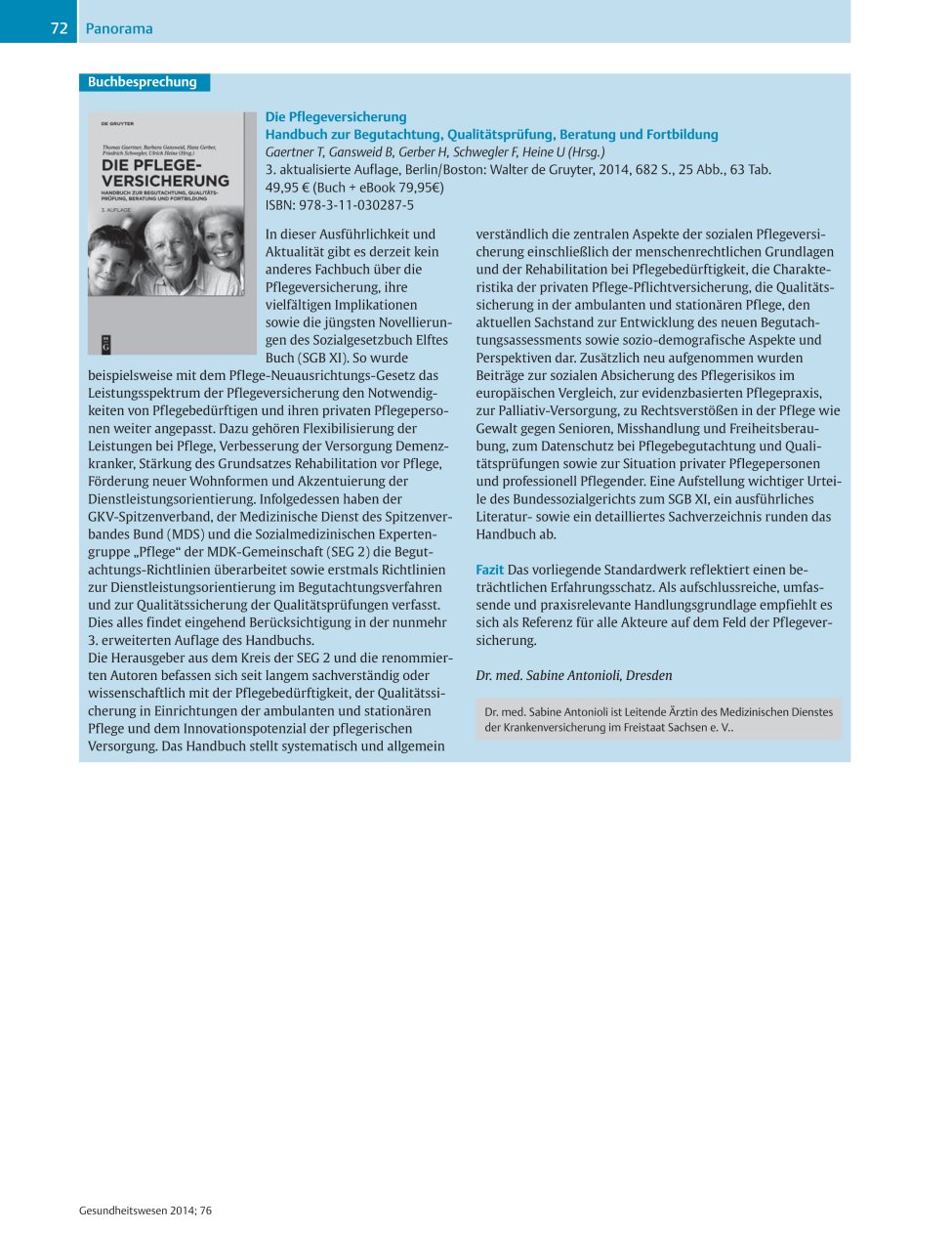 Vorschauseite 1: Die Pflegeversicherung Handbuch zur Begutachtung, Qualitätsprüfung, Beratung und Fortbildung