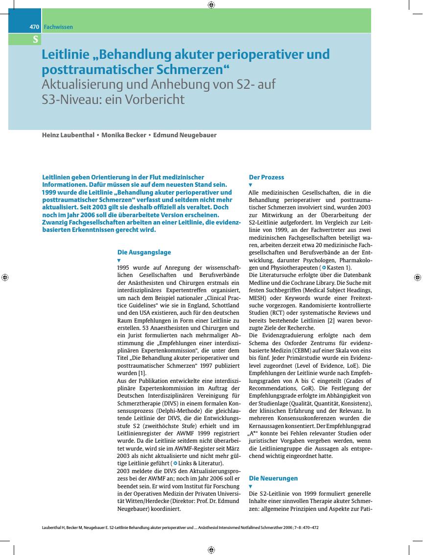 Vorschauseite 1: Leitlinie „Behandlung akuter perioperativer und posttraumatischer Schmerzen” - Aktualisierung und Anhebung von S2- auf S3-Niveau: ein Vorbericht