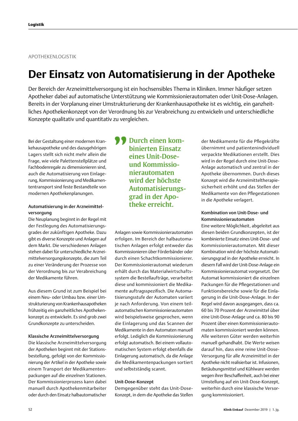 Vorschauseite 1: Apothekenlogistik: Der Einsatz von Automatisierung in der Apotheke