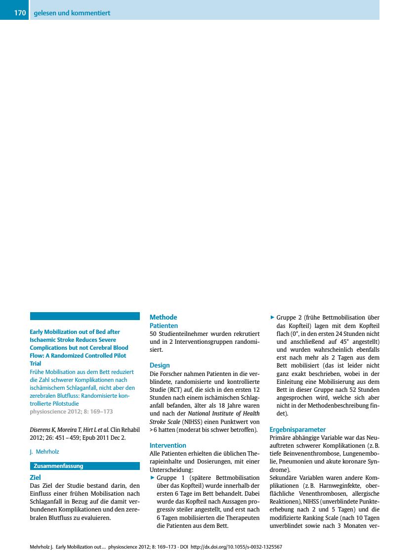 Vorschauseite 1: Early Mobilization out of Bed after Ischaemic Stroke Reduces Severe Complications but not Cerebral Blood Flow: A Randomized Controlled Pilot Trial