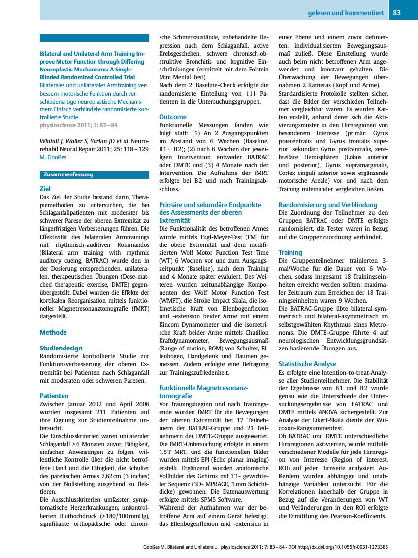 Vorschauseite 1: Bilateral and Unilateral Arm Training Improve Motor Function through Differing Neuroplastic Mechanisms: A Single-Blinded Randomized Controlled Trial