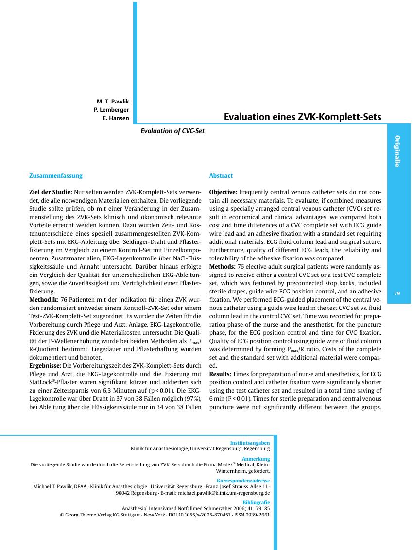 Vorschauseite 1: Evaluation eines ZVK-Komplett-Sets