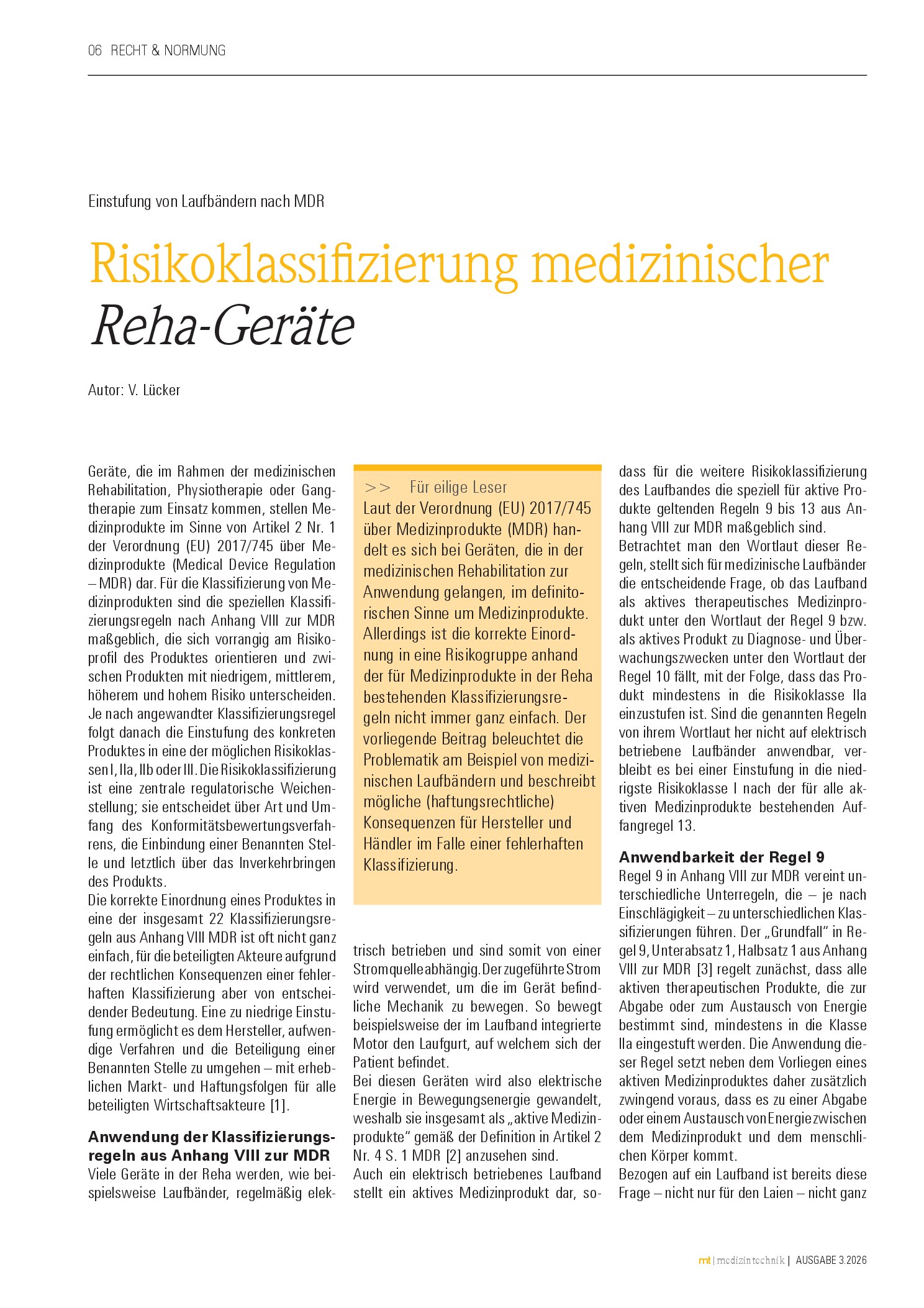 Vorschauseite 1: Risikoklassifizierung medizinischer Reha-Geräte