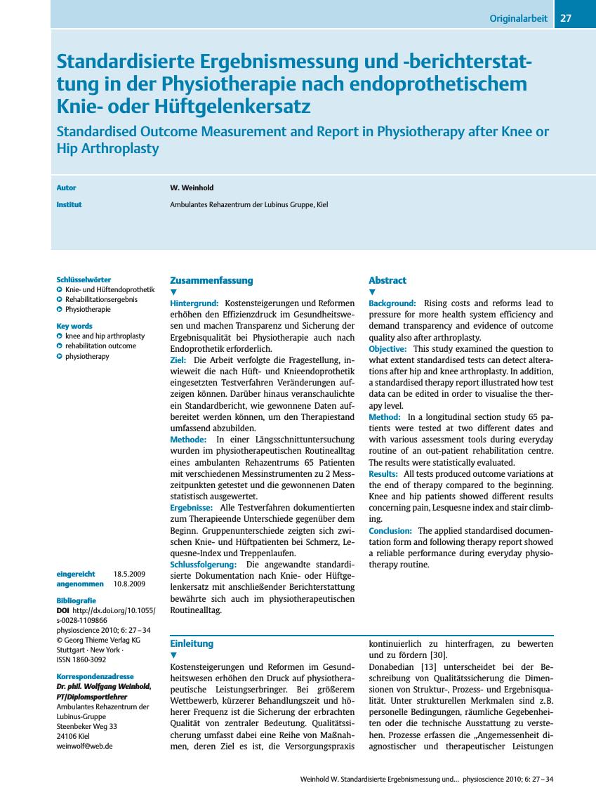 Vorschauseite 1: Standardisierte Ergebnismessung und -berichterstattung in der Physiotherapie nach endoprothetischem Knieoder Hüftgelenkersatz