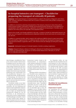 Vorschauseite 2: Innerklinische Intensivtransporte – Checkliste zur Vorbereitung des Transports von kritisch kranken Patient: innen