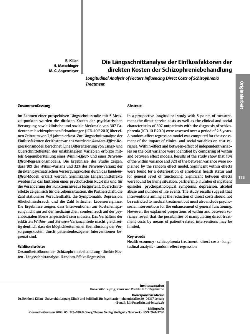 Vorschauseite 1: Die Längsschnittanalyse der Einflussfaktoren der direkten Kosten der Schizophreniebehandlung