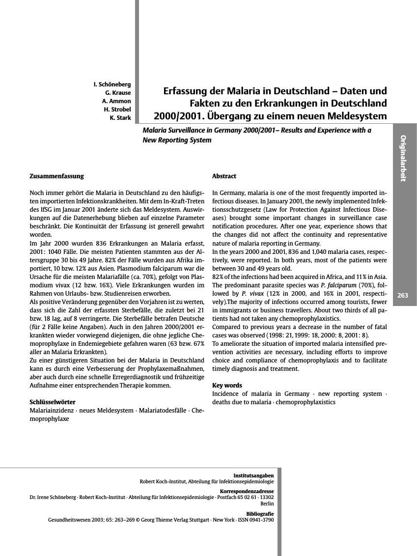 Vorschauseite 1: Erfassung der Malaria in Deutschland - Daten und Fakten zu den Erkrankungen in Deutschland 2000/2001. Übergang zu einem neuen Meldesystem