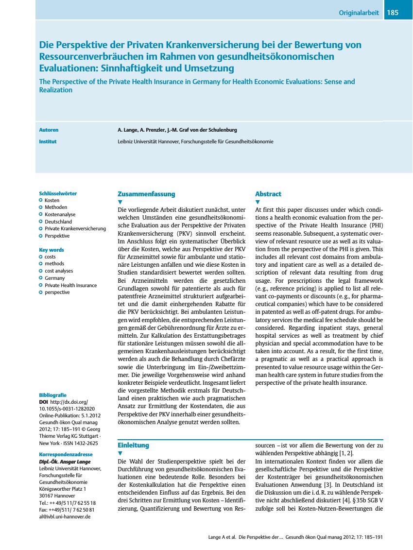 Vorschauseite 1: Die Perspektive der Privaten Krankenversicherung bei der Bewertung von Ressourcenverbräuchen im Rahmen von gesundheitsökonomischen Evaluationen: Sinnhaftigkeit und Umsetzung