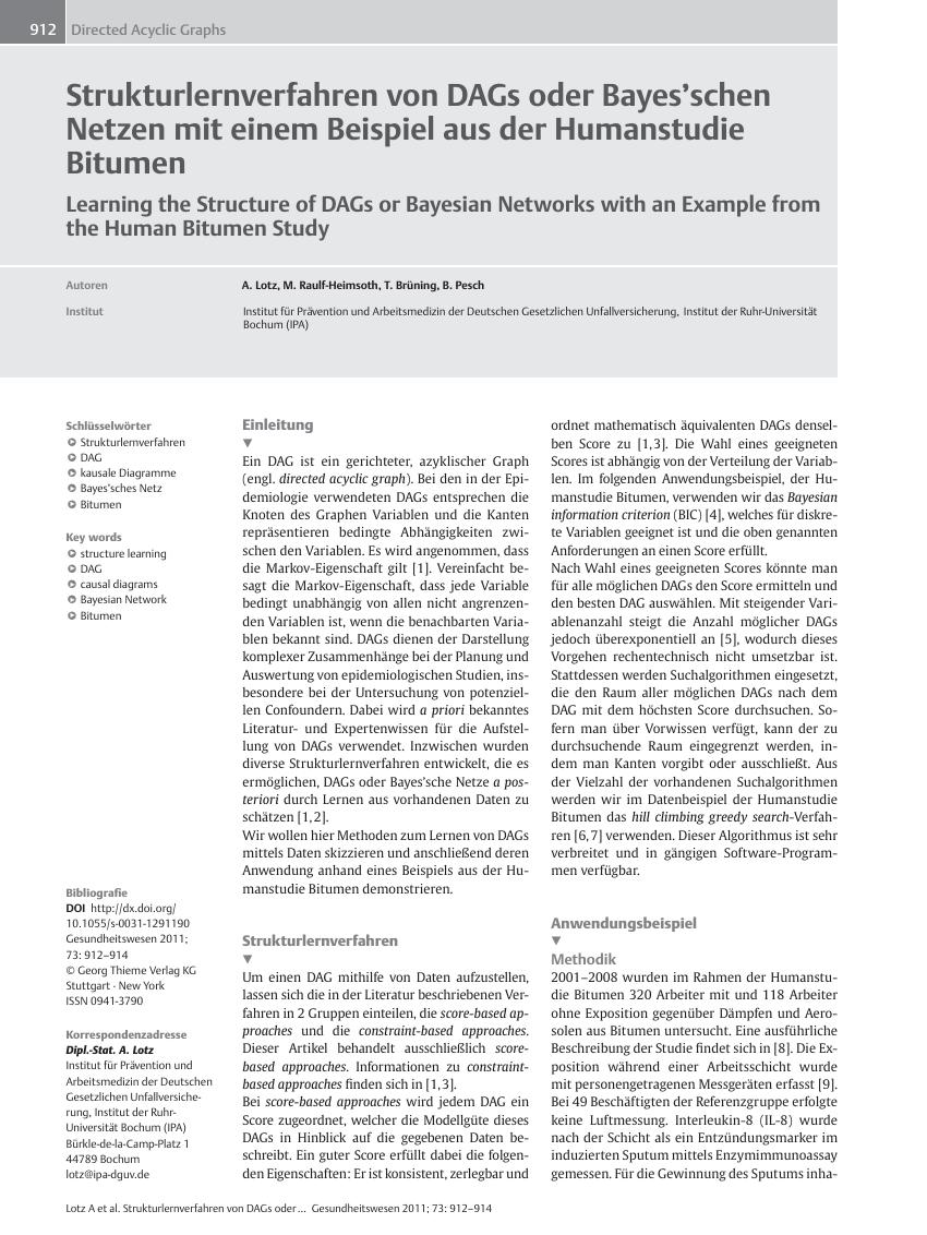 Vorschauseite 1: Strukturlernverfahren von DAGs oder Bayes? schen Netzen mit einem Beispiel aus der Humanstudie Bitumen