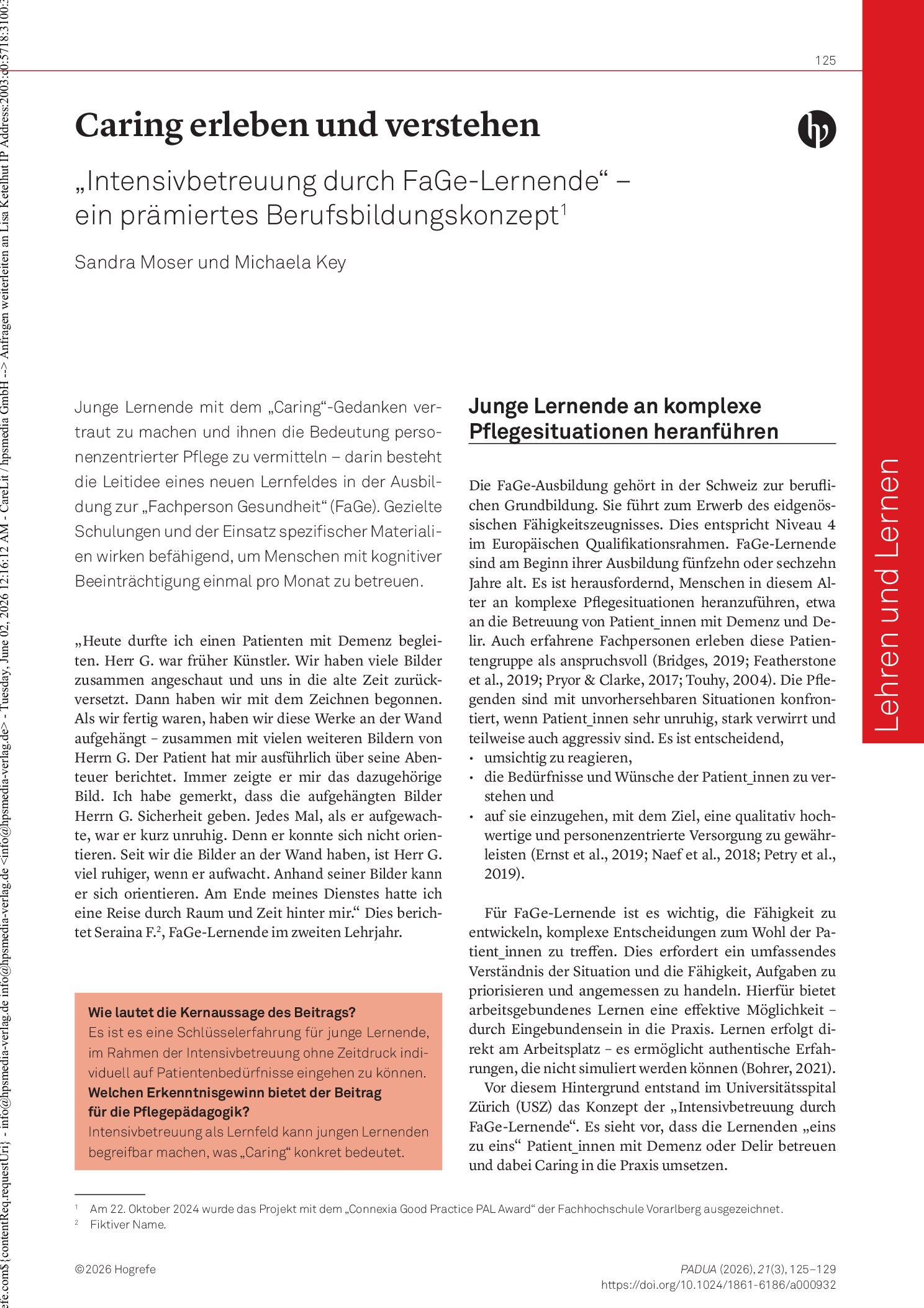 Vorschauseite 1: „Intensivbetreuung durch FaGe-Lernende“ – ein prämiertes Berufsbildungskonzept