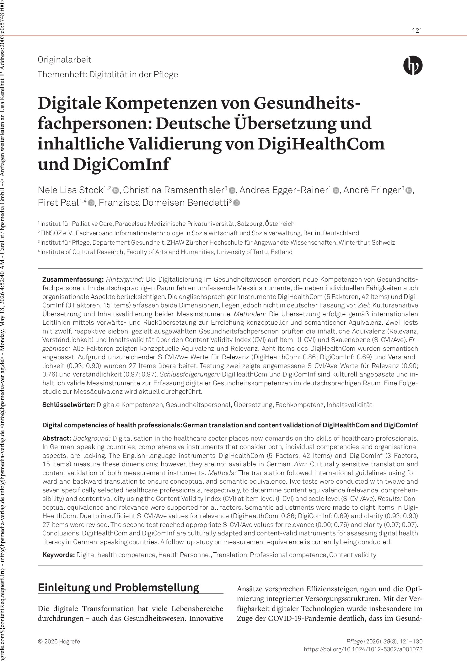 Vorschauseite 1: Digitale Kompetenzen von Gesundheitsfachpersonen: Deutsche Übersetzung und inhaltliche Validierung von DigiHealthCom und DigiComInf