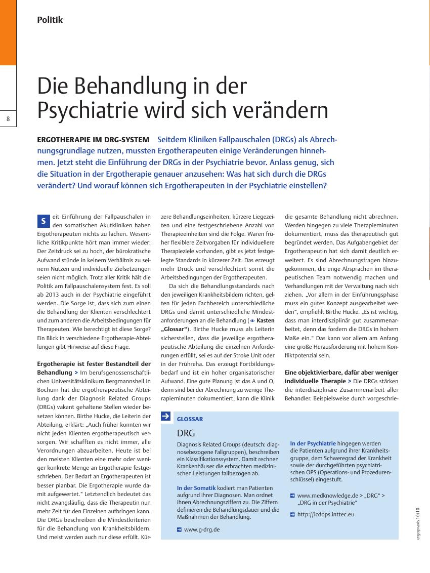 Vorschauseite 1: Ergotherapie im DRG-System ? Die Behandlung in der Psychiatrie wird sich verändern