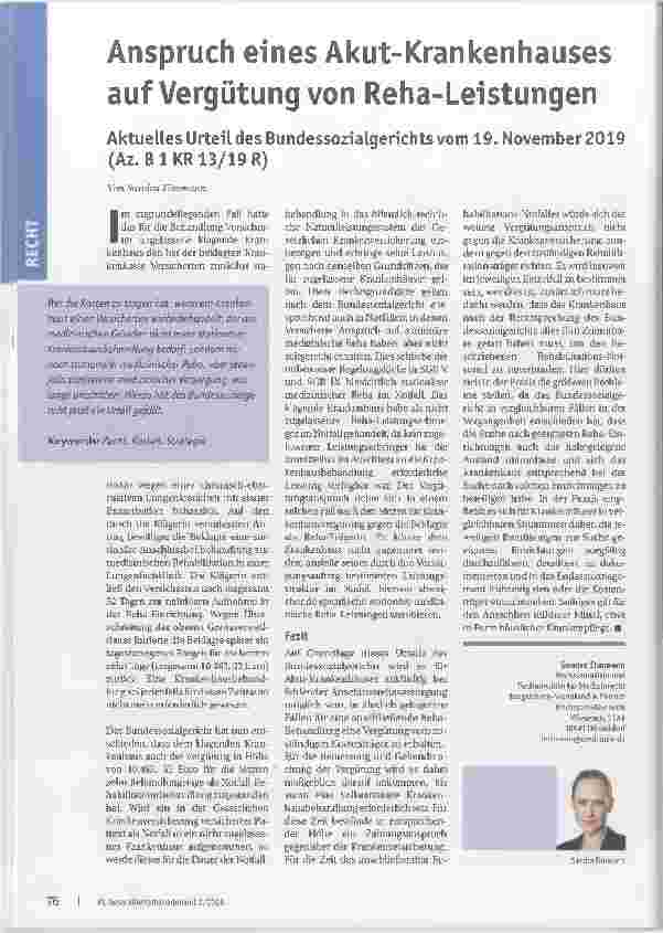 Vorschauseite 1: Anspruch eines Akutkrankenhauses auf Vergütung von Reha-Leistungen