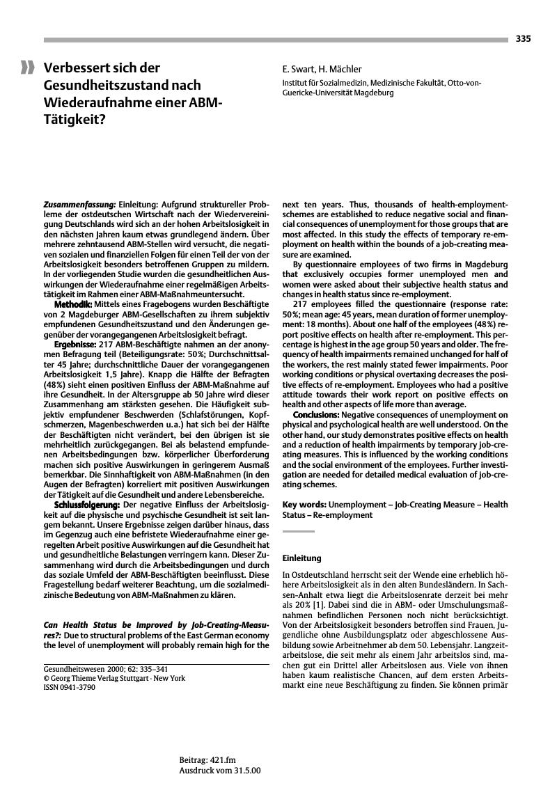 Vorschauseite 1: Verbessert sich der Gesundheitszustand nach Wiederaufnahme einer ABM-Tätigkeit?
