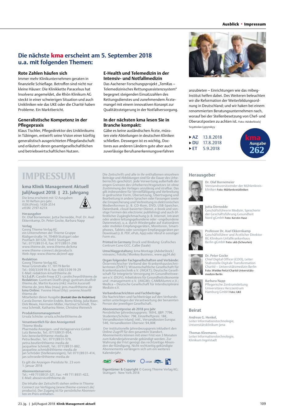 Vorschauseite 1: Die nächste kma Ausgabe erscheint am 5. September 2018 u. a. mit folgenden Themen