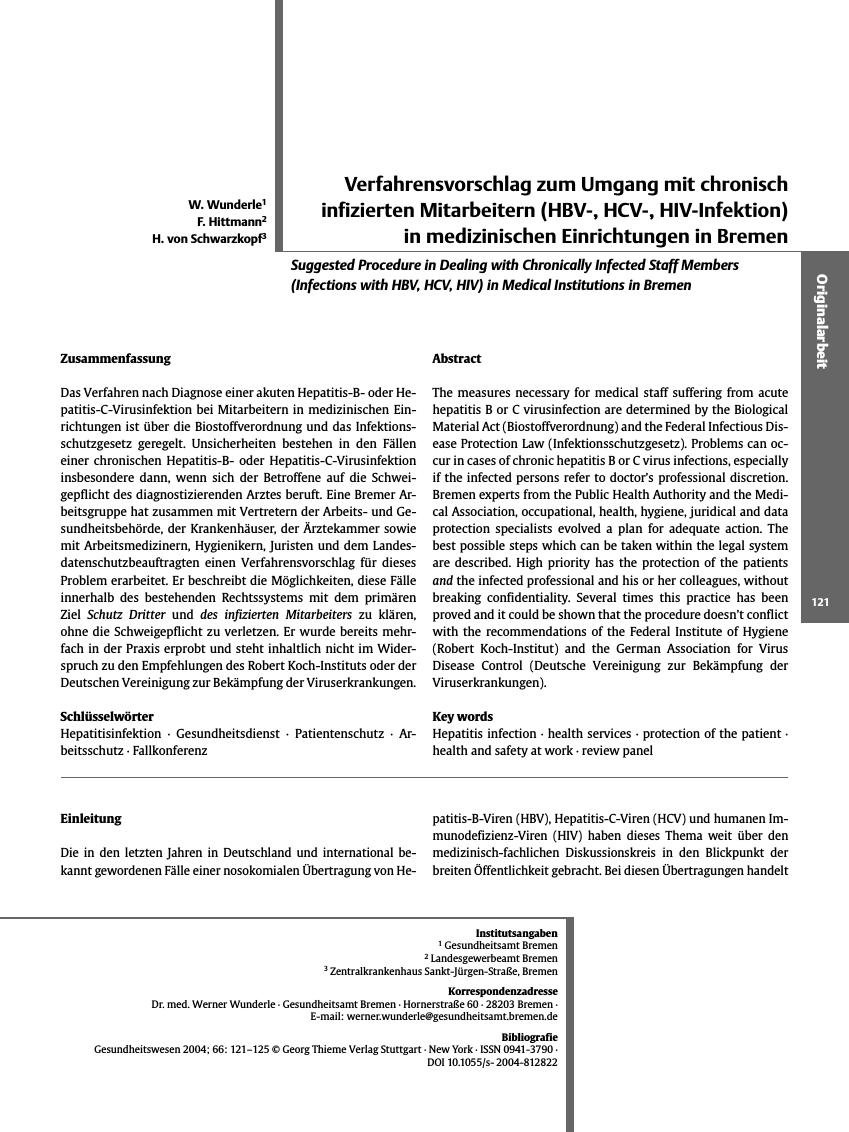 Vorschauseite 1: Verfahrensvorschlag zum Umgang mit chronisch infizierten Mitarbeitern (HBV-, HCV-, HIV-Infektion) in medizinischen Einrichtungen in Bremen