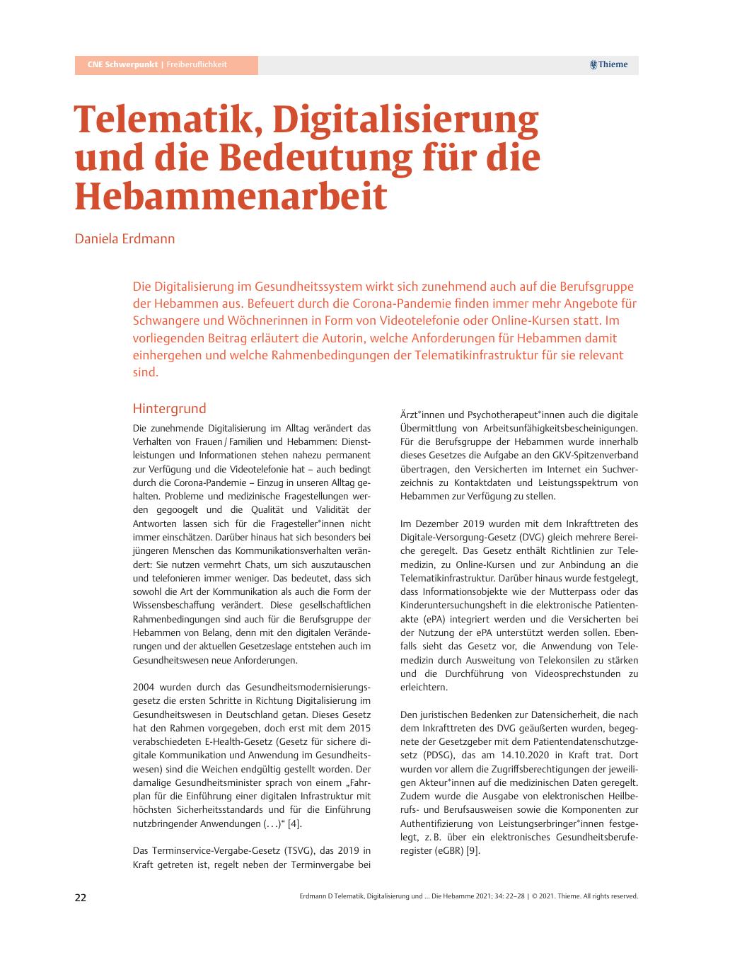 Vorschauseite 1: Telematik, Digitalisierung und die Bedeutung für die Hebammenarbeit