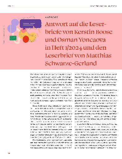 Vorschauseite 1: Antwort auf die Leserbriefe von Kerstin Boe und Osman Yoncaova in Heft 1/2024 und den Leserbrief von Matthias Schwarze-Gerland.