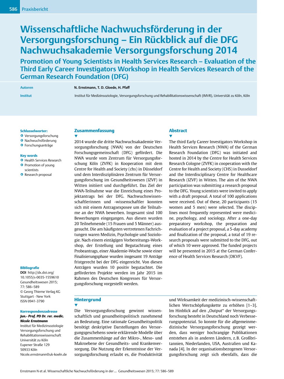 Vorschauseite 1: Wissenschaftliche Nachwuchsförderung in der Versorgungsforschung ? Ein Rückblick auf die DFG Nachwuchsakademie Versorgungsforschung 2014