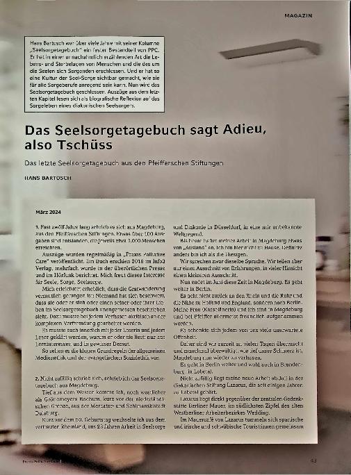 Vorschauseite 1: Das Seelsorgetagebuch sagt Adieu, also Tschüss. Das letzte Seelsorgetagebuch aus den Pfeifferschen Stiftungen.