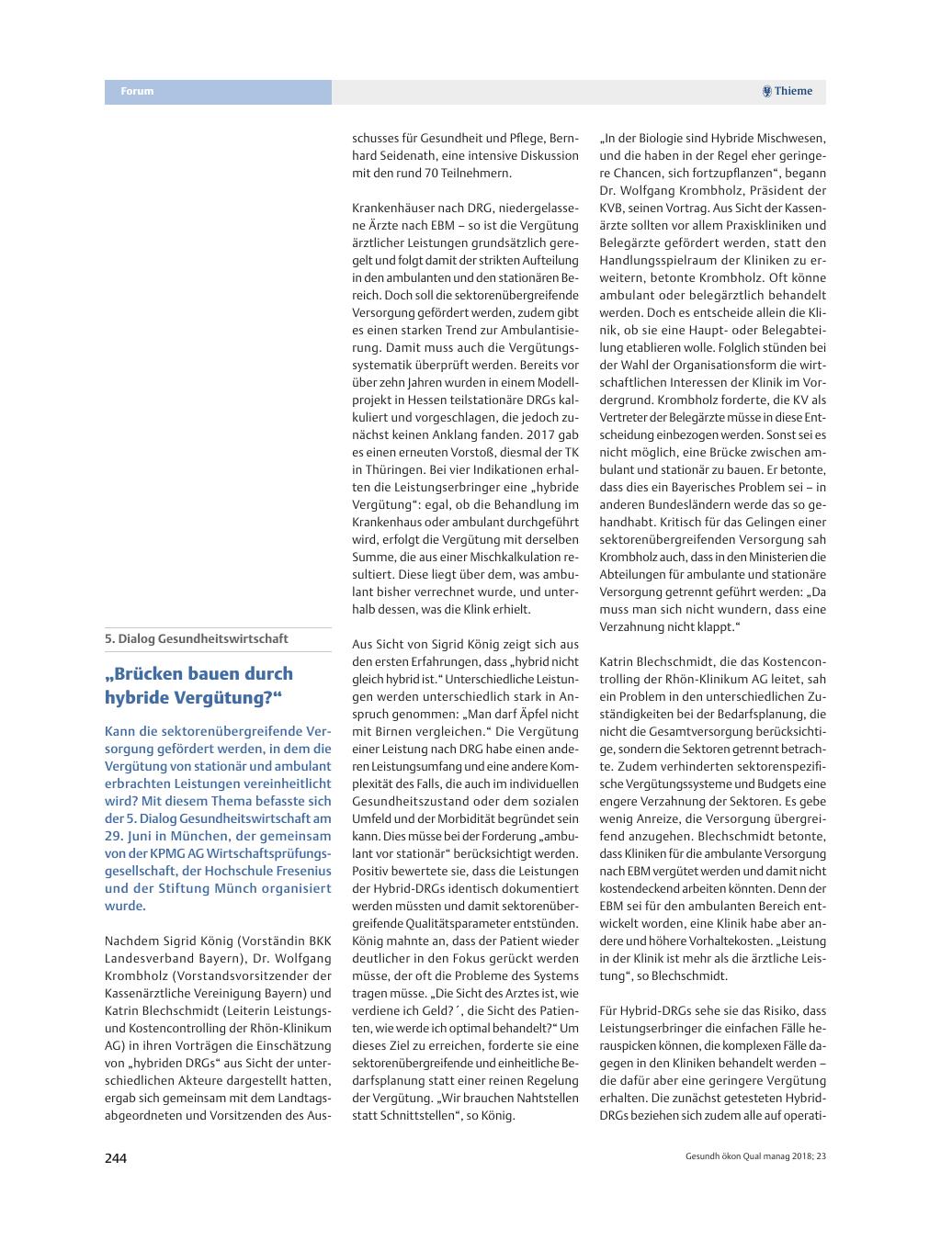 Vorschauseite 1: 5. Dialog Gesundheitswirtschaft ? ?Brücken bauen durch hybride Vergütung??
