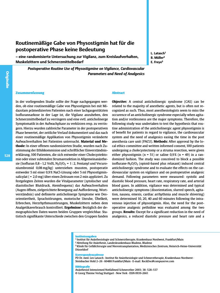 Vorschauseite 1: Routinemäßige Gabe von Physostigmin hat für die postoperative Phase keine Bedeutung