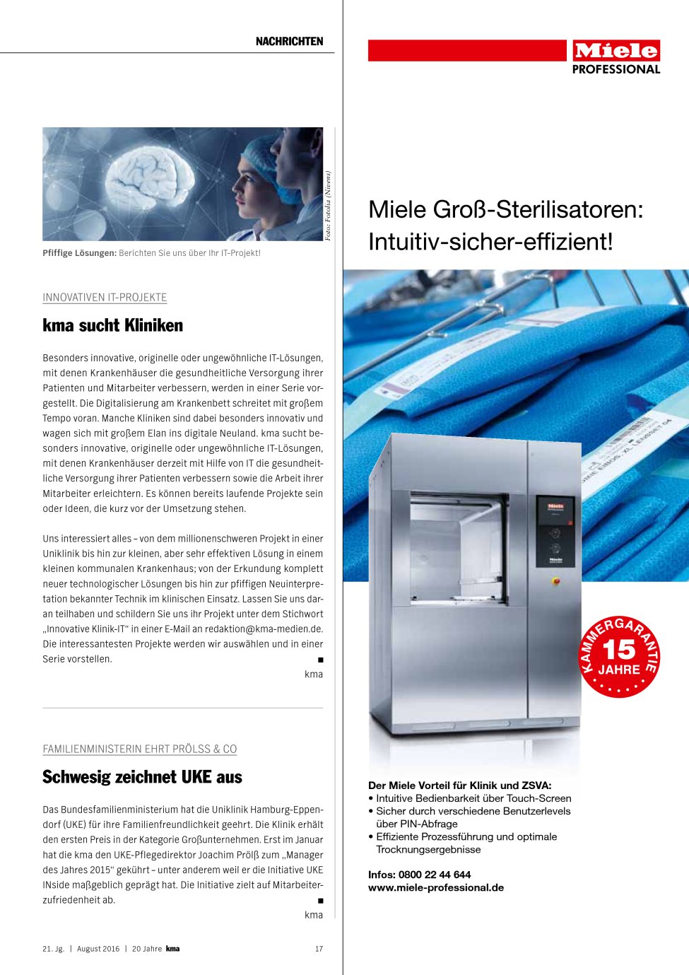 Vorschauseite 1: Innovativen IT-Projekte: kma sucht Kliniken