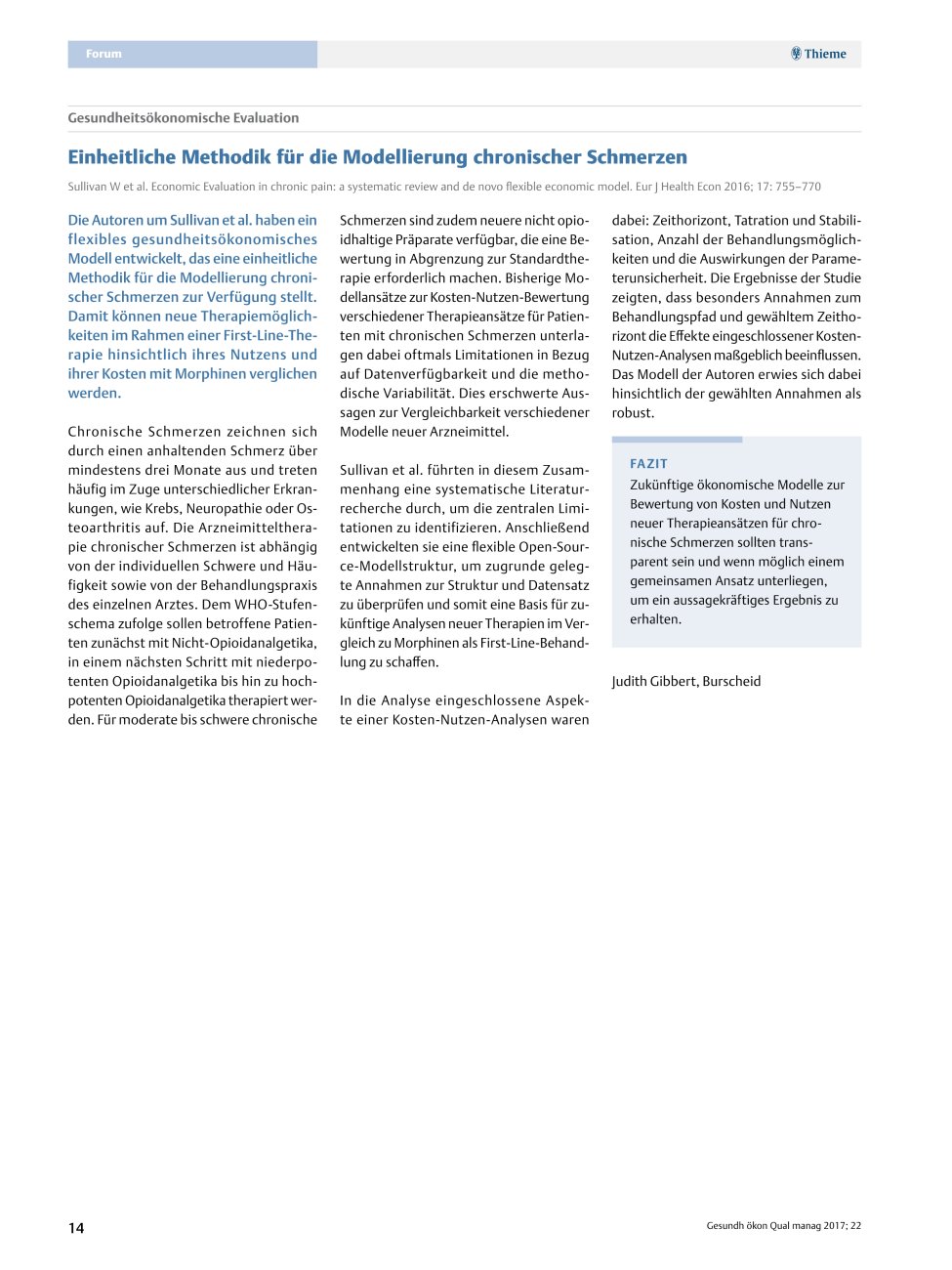 Vorschauseite 1: Gesundheitsökonomische Evaluation – Einheitliche Methodik für die Modellierung chronischer Schmerzen