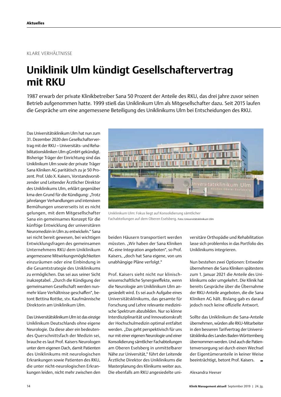 Vorschauseite 1: Klare Verhältnisse: Uniklinik Ulm kündigt Gesellschaftervertrag mit RKU