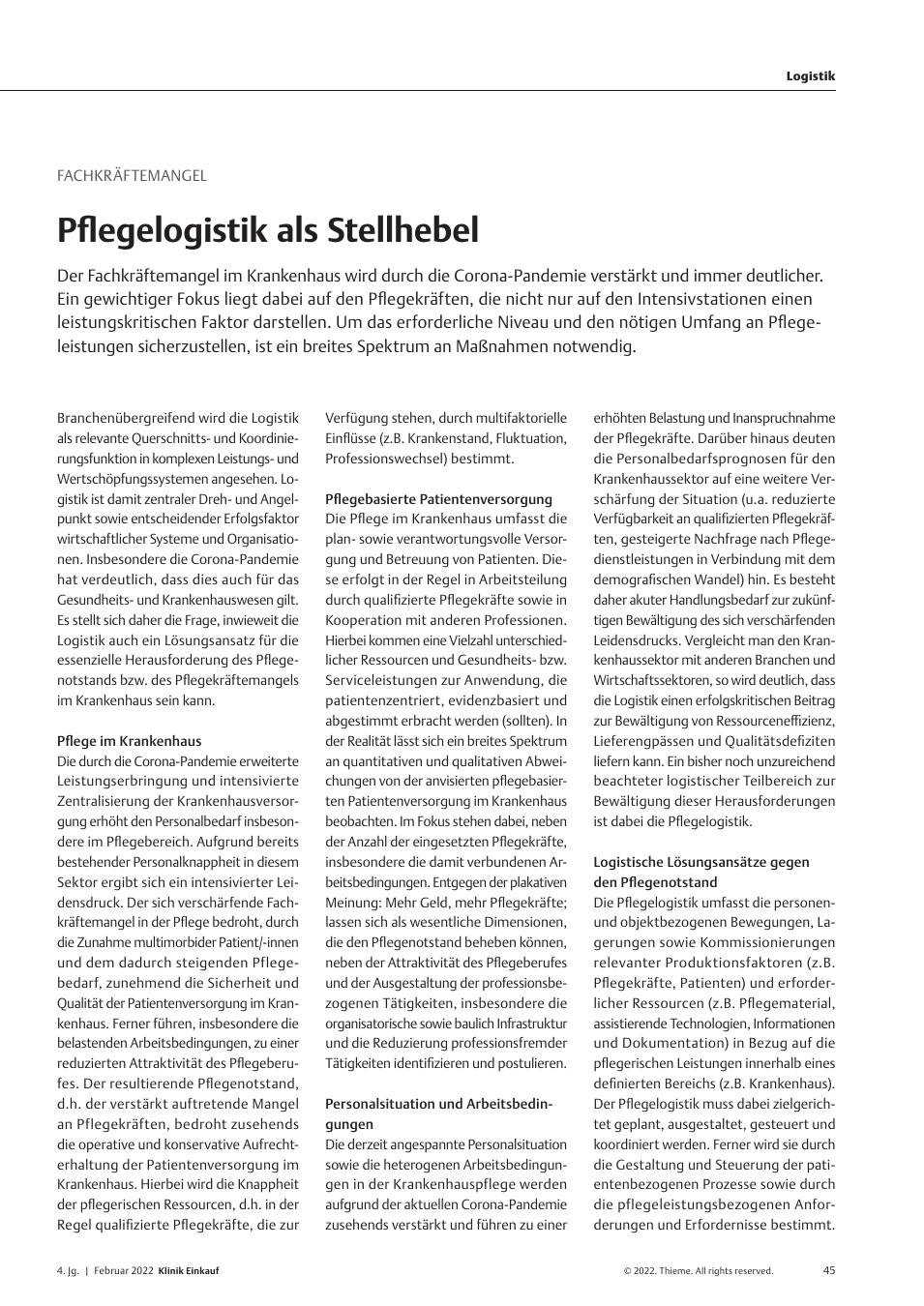 Vorschauseite 1: Fachkräftemangel: Pflegelogistik als Stellhebel