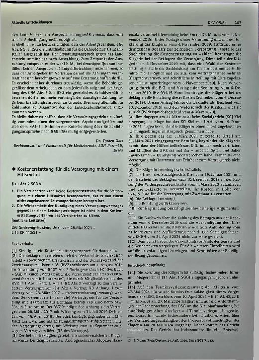 Vorschauseite 1: Aktuelle Entscheidungen: Kostenerstattung für die Versorgung mit einem Hilfsmittel