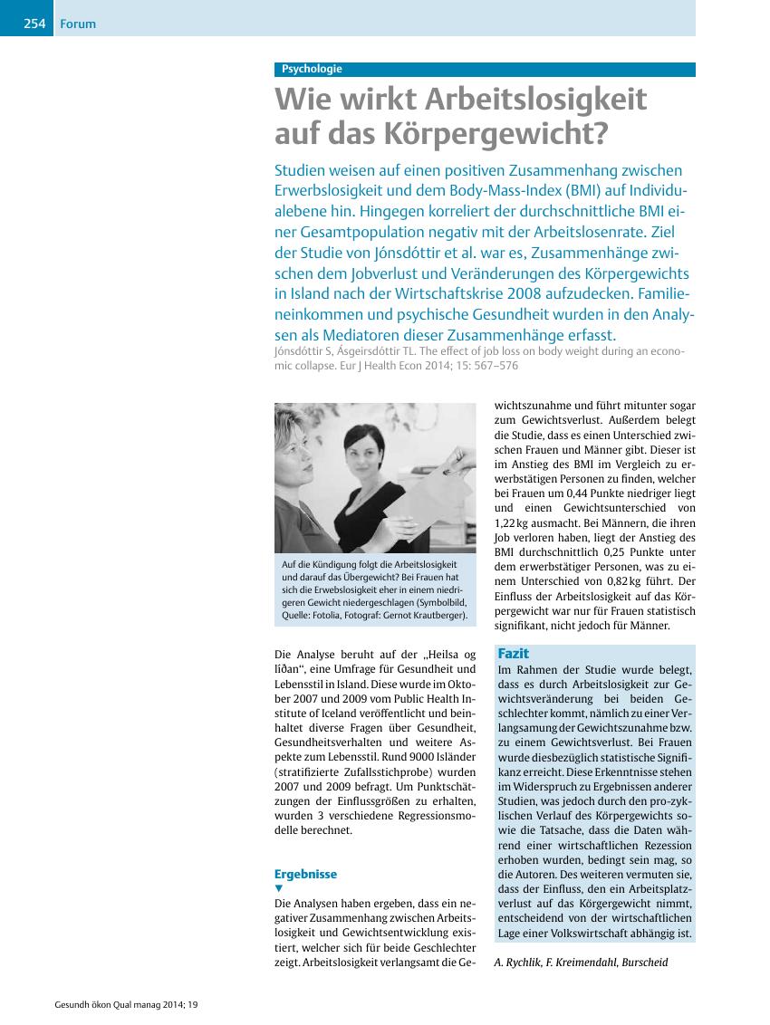 Vorschauseite 1: Psychologie – Wie wirkt Arbeitslosigkeit auf das Körpergewicht?