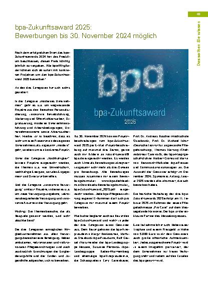 Vorschauseite 1: pa-Zukunftsaward 2025: Bewerbungen bis 30. November 2024 möglich.