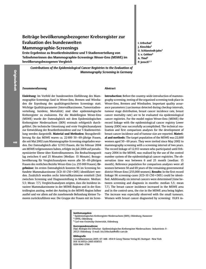 Vorschauseite 1: Beiträge bevölkerungsbezogener Krebsregister zur Evaluation des bundesweiten Mammographie-Screenings