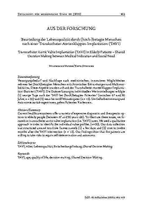 Vorschauseite 1: AUS DER FORSCHUNG Beurteilung der Lebensqualität durch (hoch-)betagte Menschen nach einer Transkatheter-Aortenklappen-Implantation (TAVI)