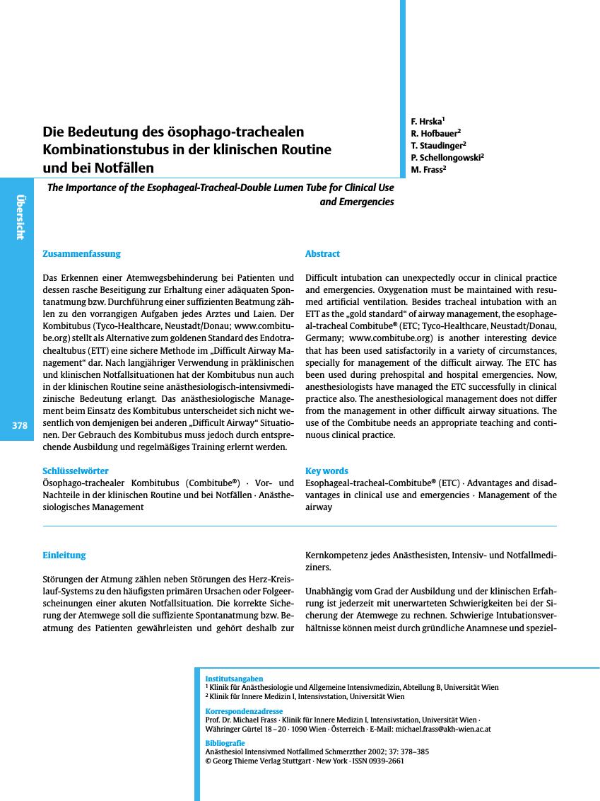 Vorschauseite 1: Die Bedeutung des ösophago-trachealen Kombinationstubus in der klinischen Routine und bei Notfällen