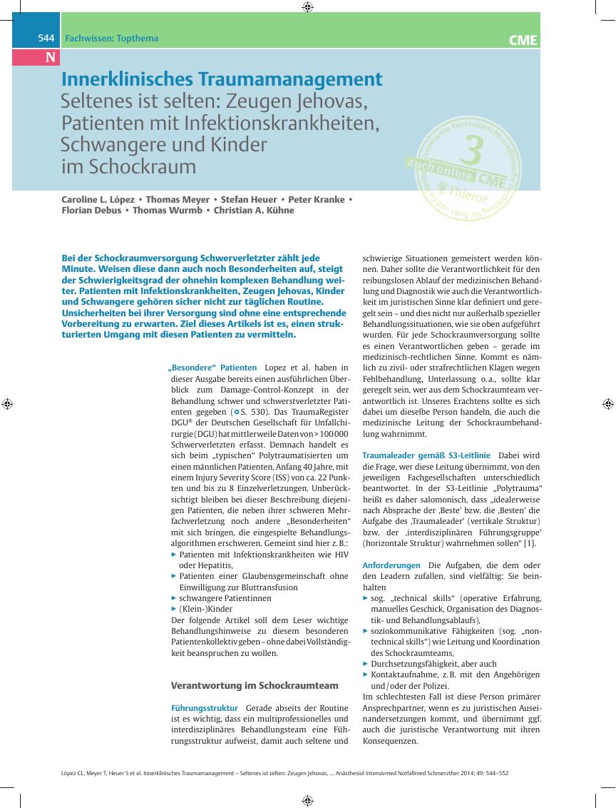 Vorschauseite 1: Innerklinisches Traumamanagement – Seltenes ist selten: Zeugen Jehovas, Patienten mit Infektionskrankheiten, Schwangere und Kinder im Schockraum