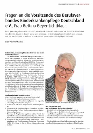 Vorschauseite 1: Fragen an die Vorsitzende des Berufsver bandes Kinderkrankenpflege Deutschland e. V. , Frau Bettina Beyer-Lichtblau: