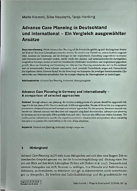 Vorschauseite 1: Advance Care Planning in Deutschland und international - Ein Vergleich ausgewählter Ansätze