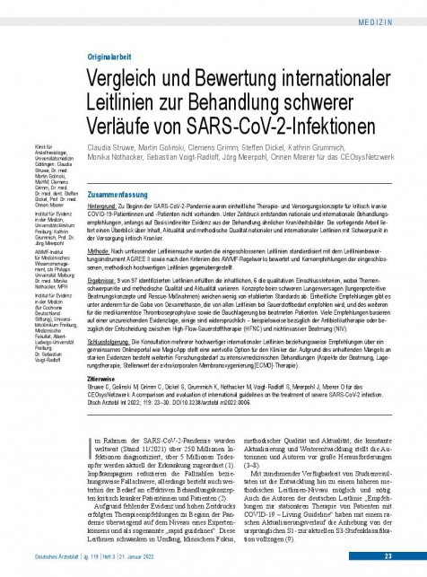 Vorschauseite 1: Vergleich und Bewertung internationaler Leitlinien zur Behandlung schwerer Verläufe von SARS-CoV-2-Infektionen